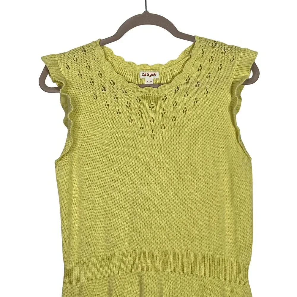 Girls Cat & Jack Yellow Knit‎ Drop Waist Flutter Ruffle Hem Dress Size (14) XL
